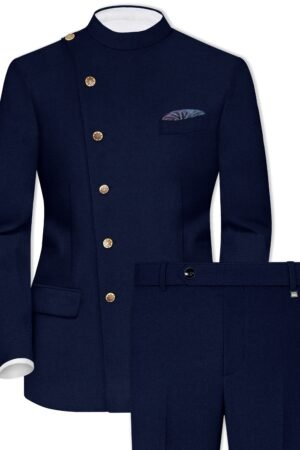 Indavor-Cinder Blue Wool Rich Cross Placket Bandhgala Suit