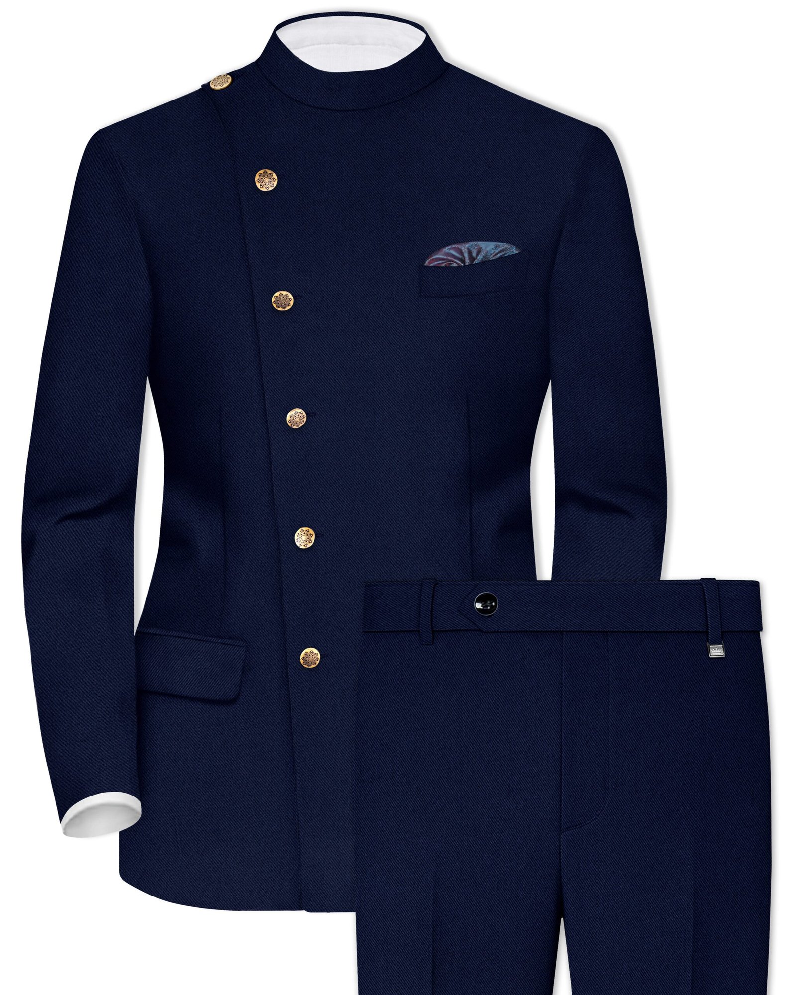Indavor-Cinder Blue Wool Rich Cross Placket Bandhgala Suit