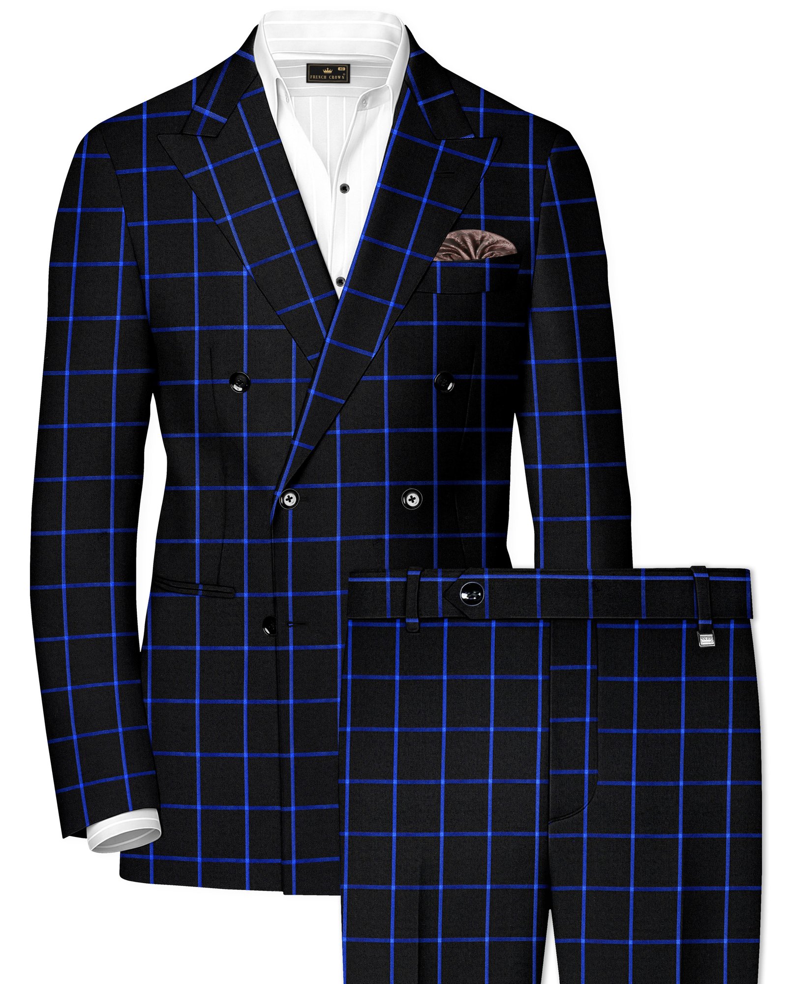 Panevoro-Jade Black With Cerulean Blue Windowpane Wool Rich Double Breasted Suit