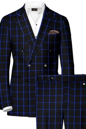 Panevoro-Jade Black With Cerulean Blue Windowpane Wool Rich Double Breasted Suit