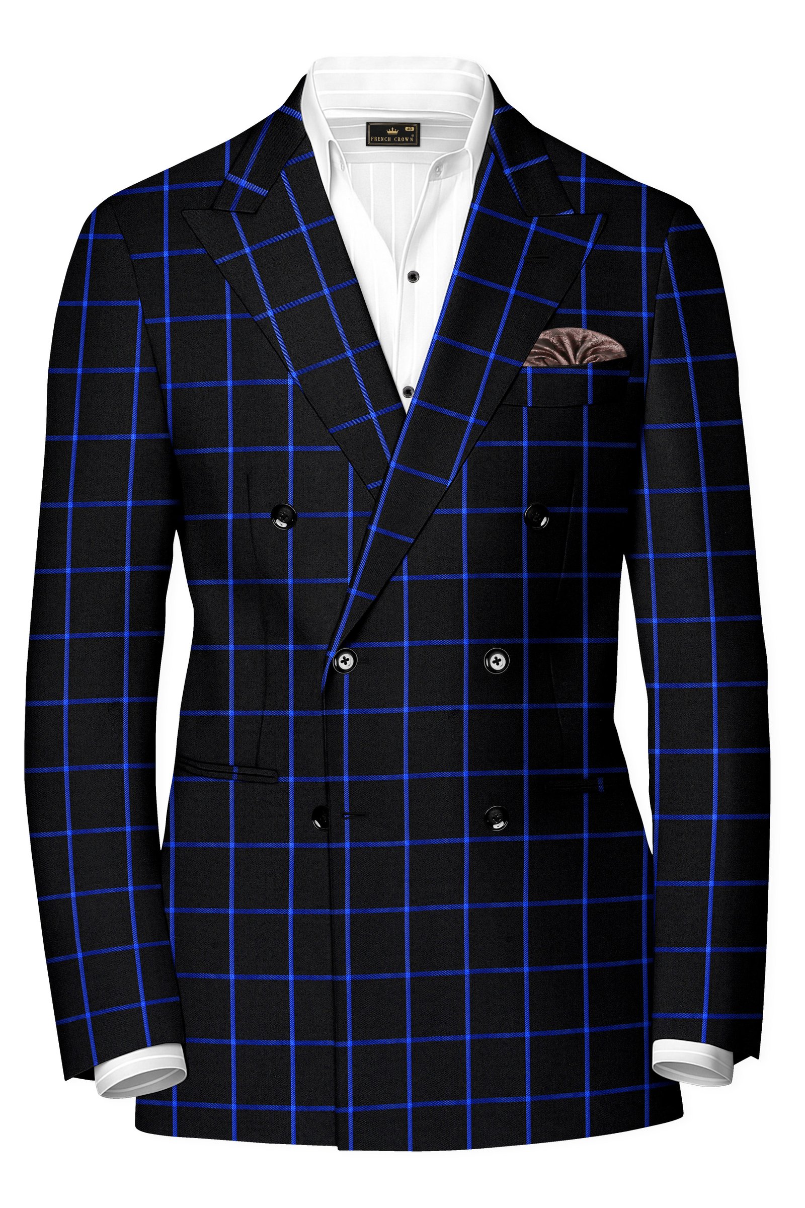 Panevoro-Jade Black With Cerulean Blue Windowpane Wool Rich Double Breasted Suit:圖片 10