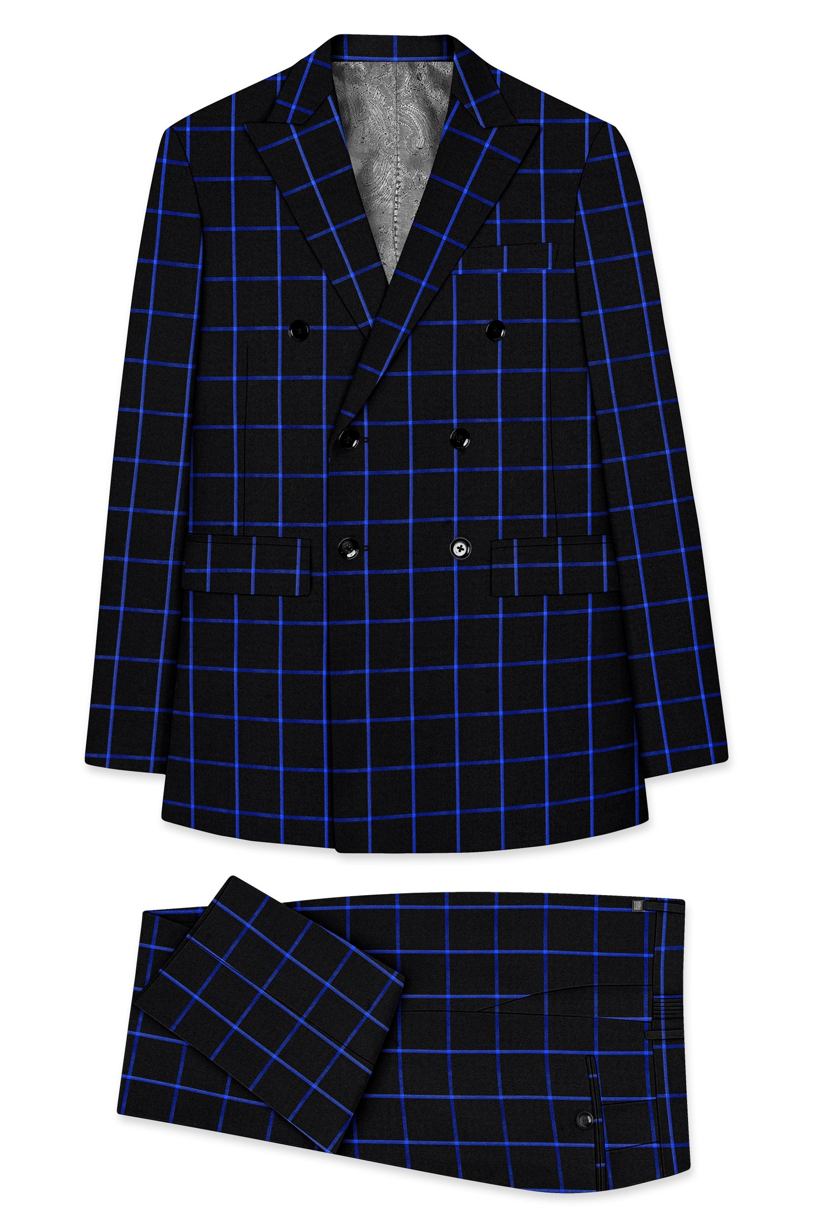 Panevoro-Jade Black With Cerulean Blue Windowpane Wool Rich Double Breasted Suit:圖片 11
