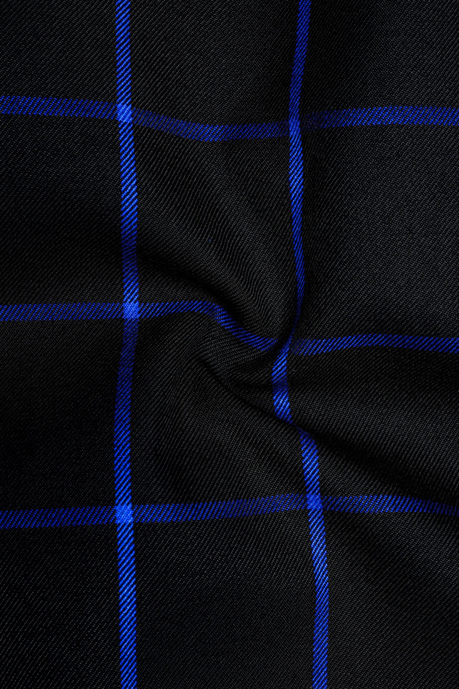 Panevoro-Jade Black With Cerulean Blue Windowpane Wool Rich Double Breasted Suit:圖片 3