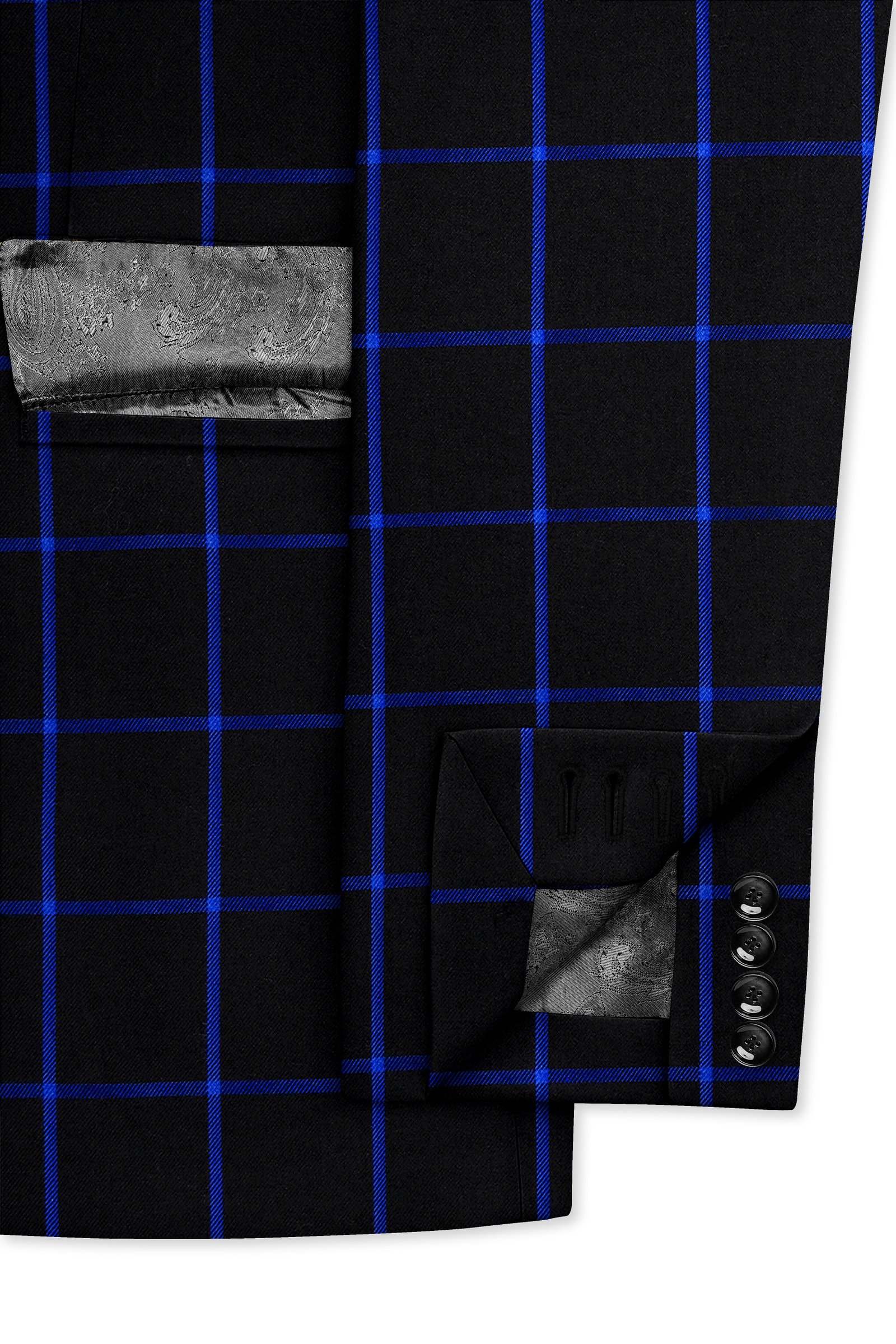 Panevoro-Jade Black With Cerulean Blue Windowpane Wool Rich Double Breasted Suit:圖片 7