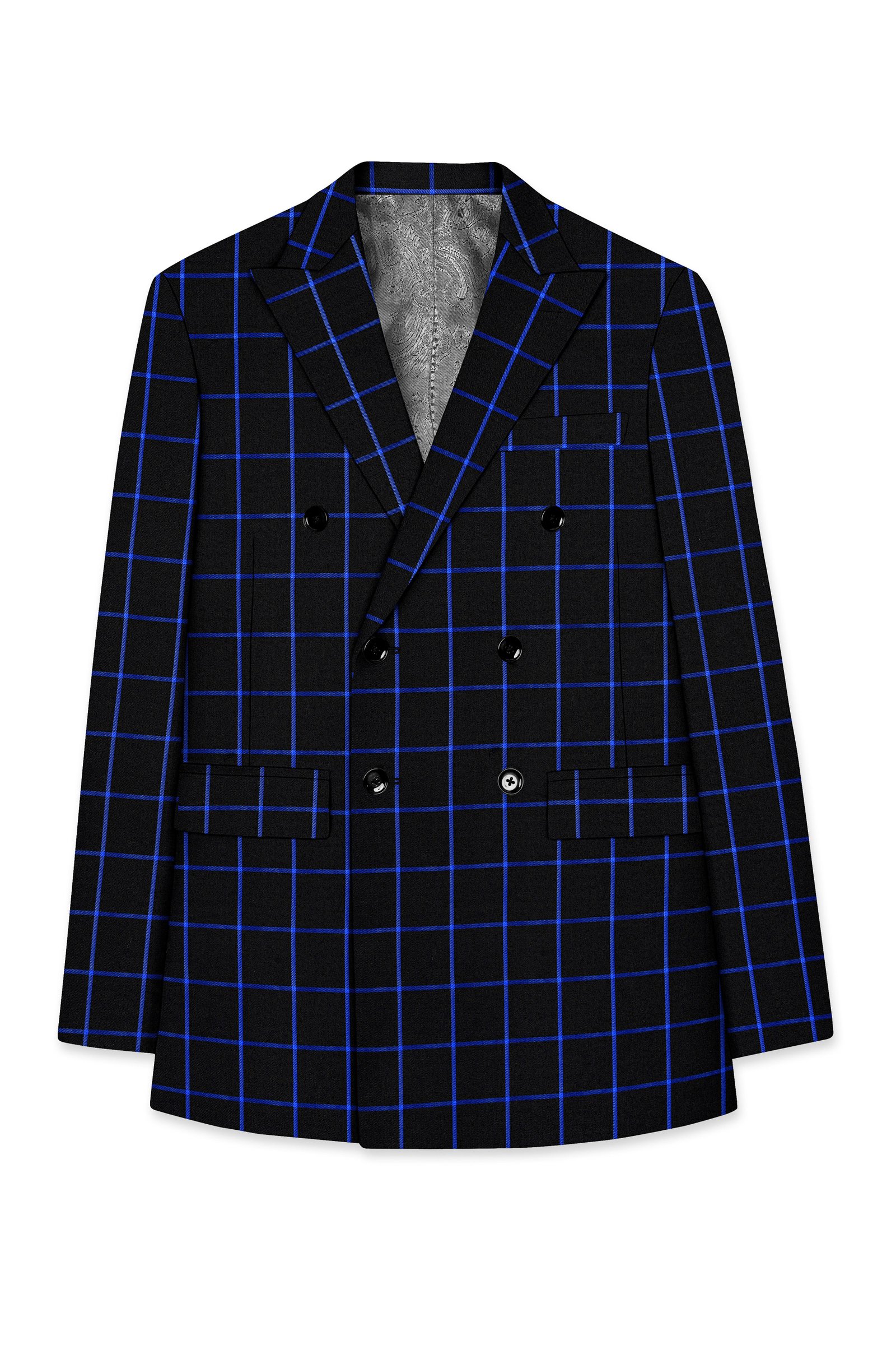 Panevoro-Jade Black With Cerulean Blue Windowpane Wool Rich Double Breasted Suit:圖片 8