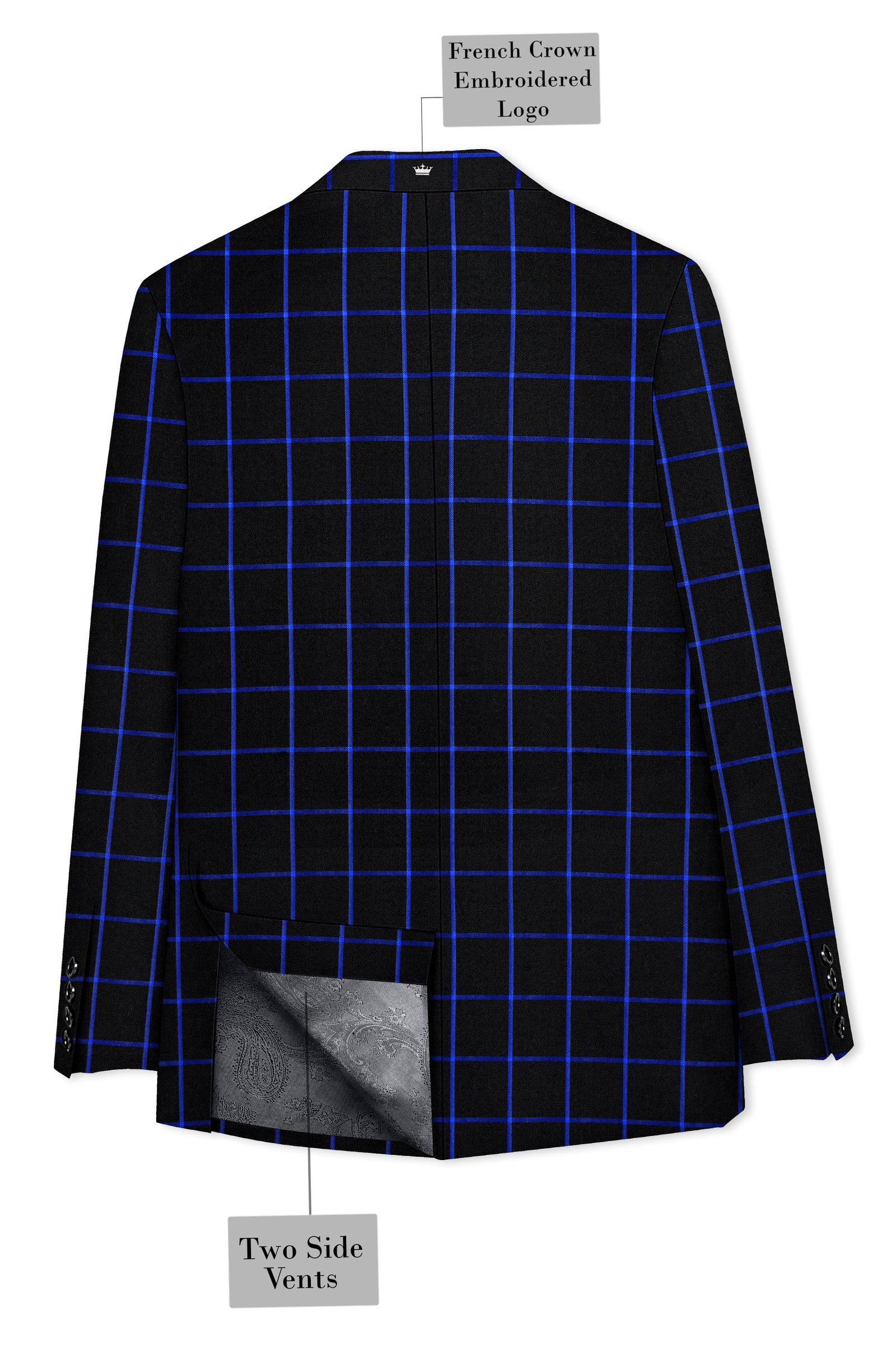 Panevoro-Jade Black With Cerulean Blue Windowpane Wool Rich Double Breasted Suit:圖片 9