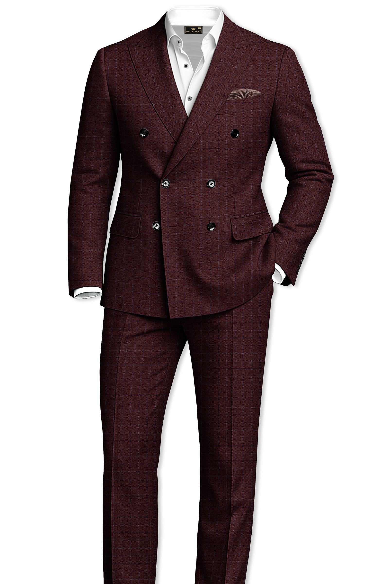 Wolvoro-Eclipse Brown Plaid Wool Rich Double Breasted Suit:圖片 4