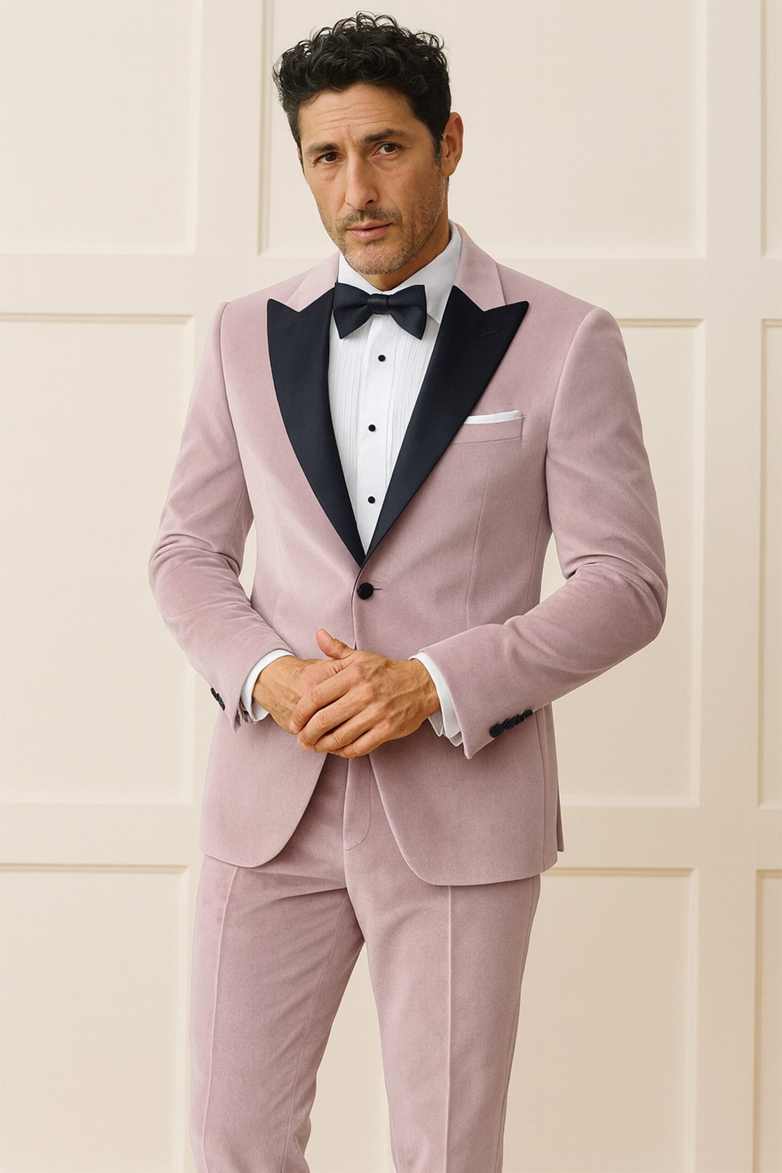 Rosvoro-Calming Pink Velvet Peak Lapel Tuxedo Suit:圖片 12