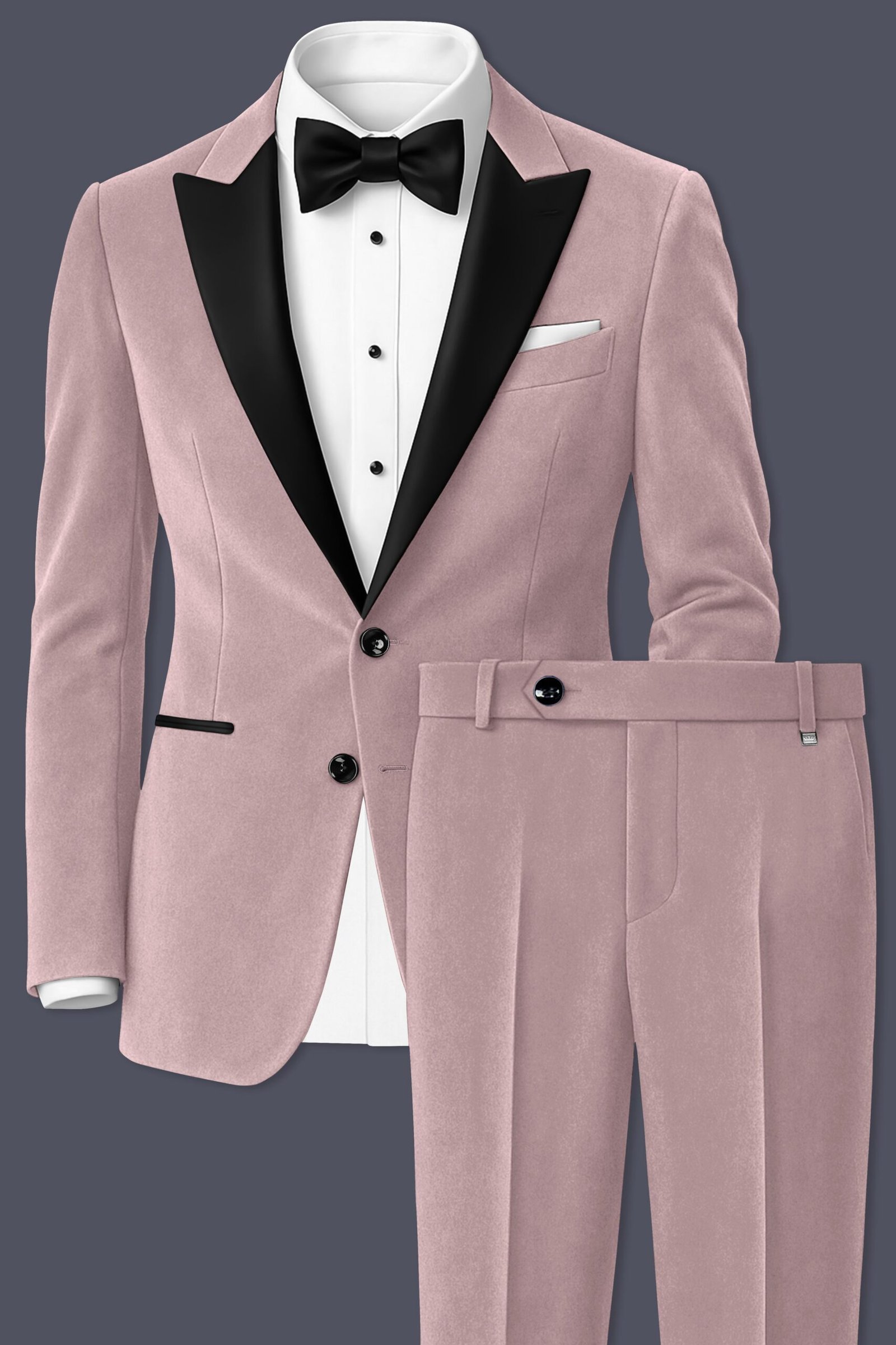 Rosvoro-Calming Pink Velvet Peak Lapel Tuxedo Suit:圖片 2