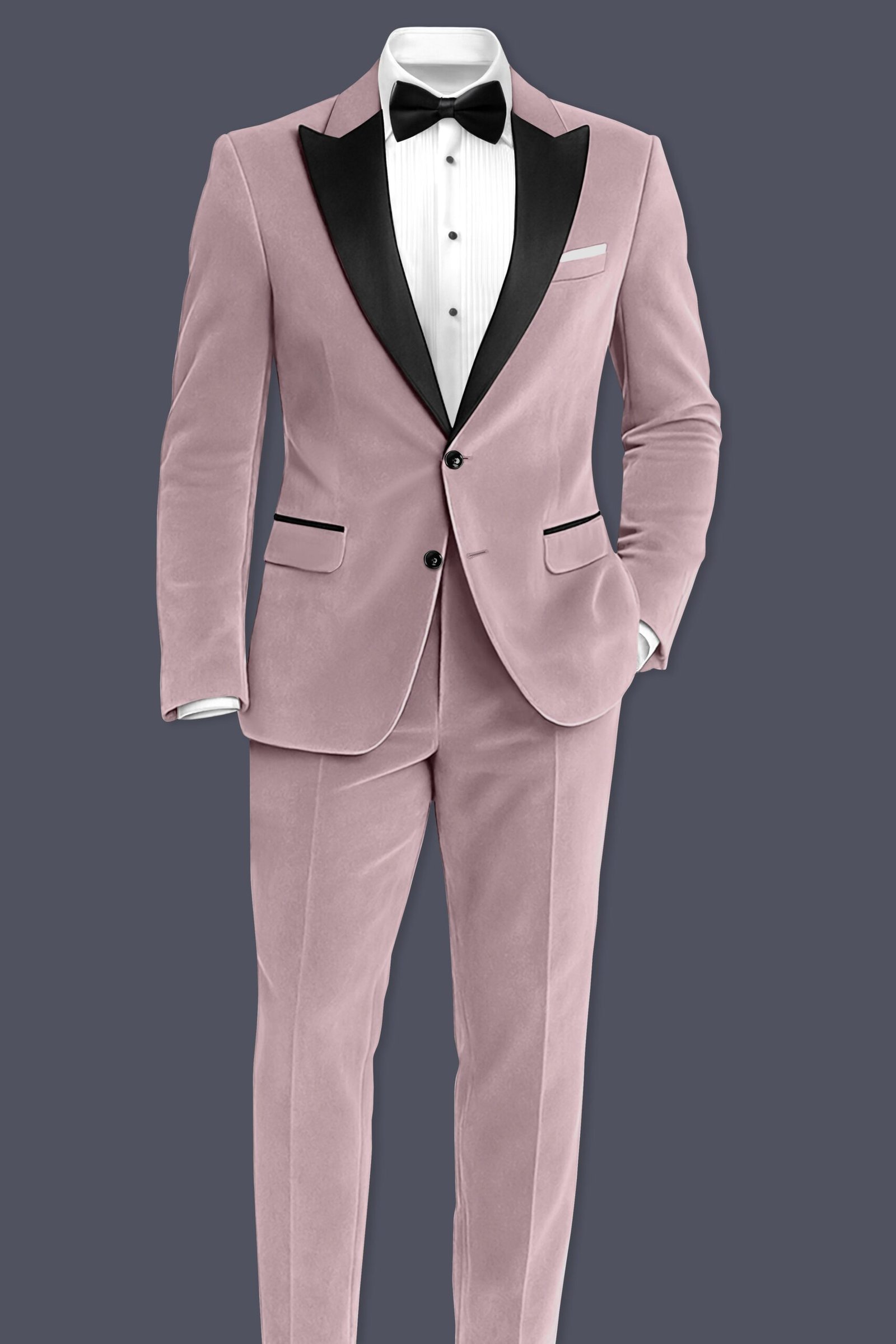 Rosvoro-Calming Pink Velvet Peak Lapel Tuxedo Suit:圖片 4